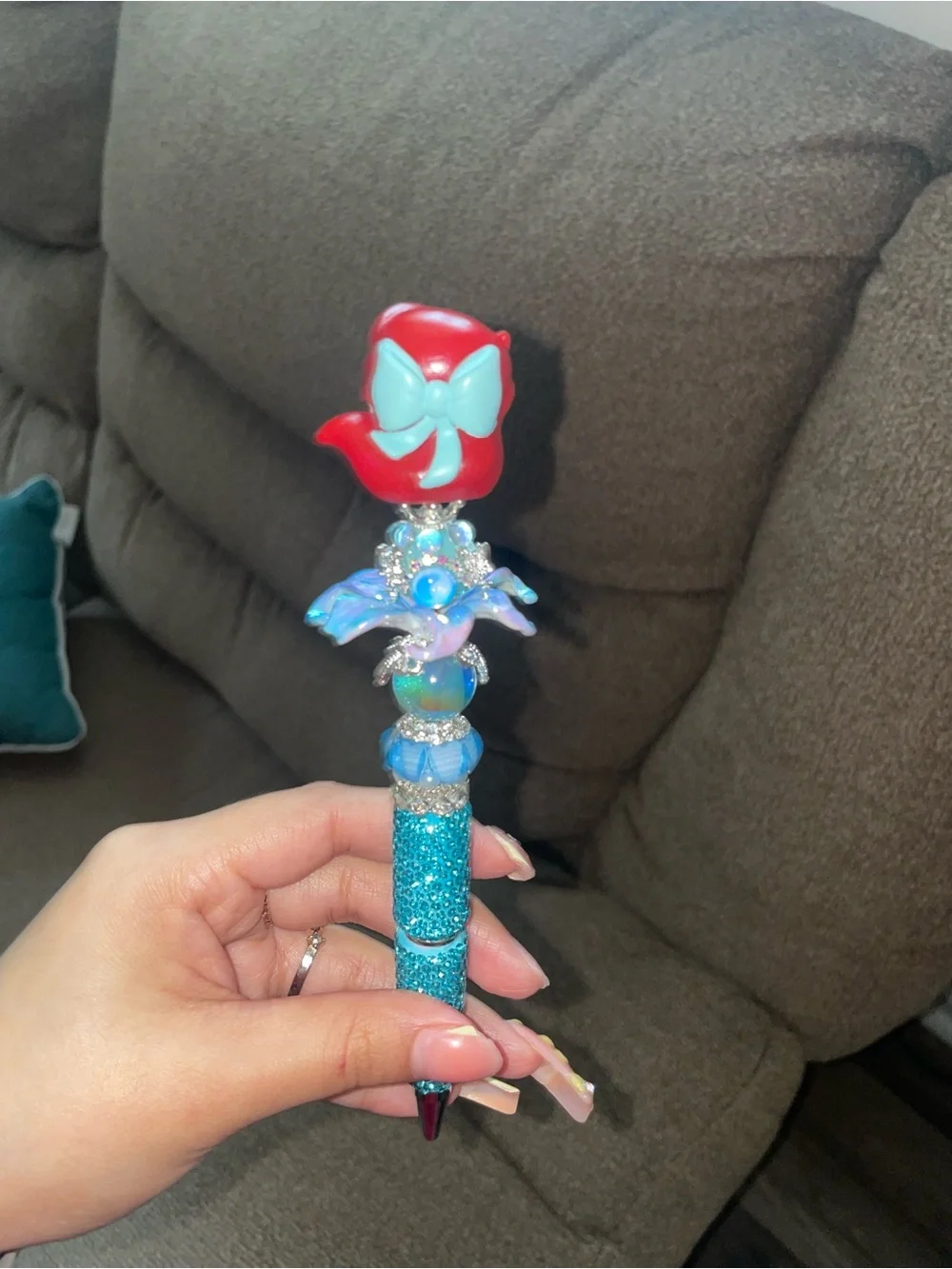 Blue Glitter Mermaid Pen with Red-Haired Mermaid Topper